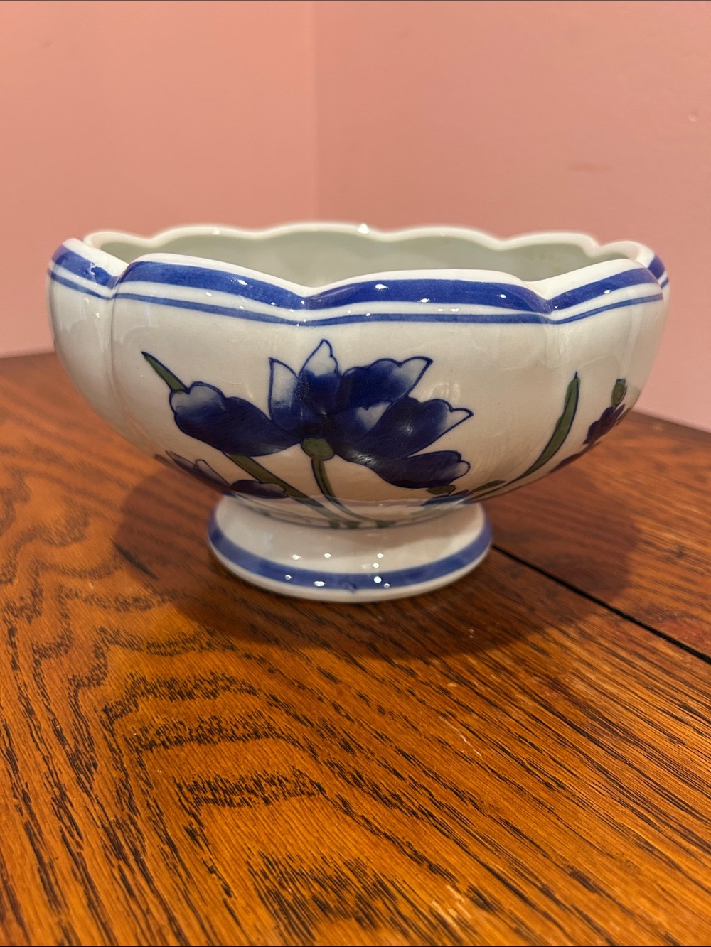 Blue Floral Ceramic Pedestal Bowl - White and Blue Home Art